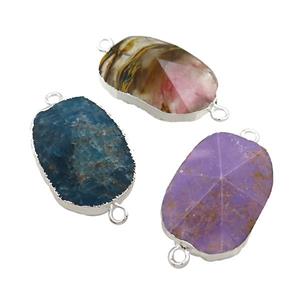 Mix Gemstone Oval Connector Pointed Silver Plated, approx 20-35mm [GM21509]