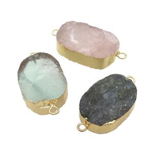 Mixed Gemstone Oval Connector Rough Gold Plated, approx 20-35mm [GM21540]