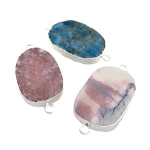 Mixed Gemstone Oval Connector Flat Silver Plated, approx 20-35mm [GM21546]