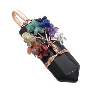 Black Obsidian Bullet Pendant With Chakra Gemstone Chips Tree Of Life Wire Wrapped Rose Gold, approx 20-75mm [GM21608]
