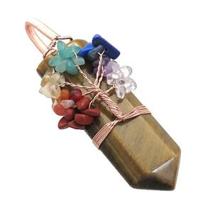 Natural Tiger Eye Stone Bullet Pendant With Chakra Gemstone Chips Tree Of Life Wire Wrapped Rose Gol, approx 20-75mm [GM21609]