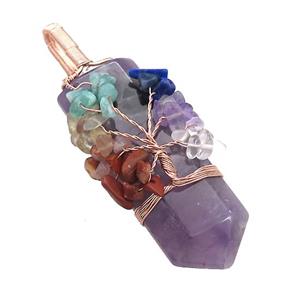 Natural Purple Amethyst Bullet Pendant With Chakra Gemstone Chips Tree Of Life Wire Wrapped Rose Gol, approx 20-75mm [GM21611]