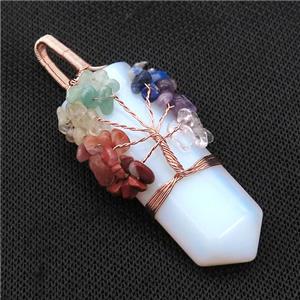 White Opalite Bullet Pendant With Chakra Gemstone Chips Tree Of Life Wire Wrapped Rose Gold, approx 20-75mm [GM21613]