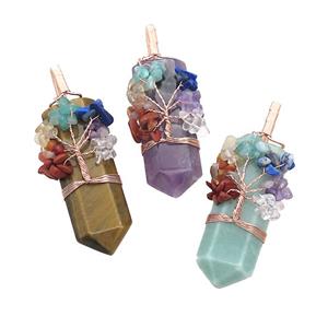 Gemstone Bullet Pendant With Chakra Gemstone Chips Tree Of Life Wire Wrapped Rose Gold Mixed, approx 20-75mm [GM21615]