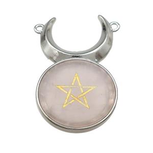 Pink Rose Quartz Coin Star Symbols Alloy Moon Pendant Platinum Plated, approx 25mm, 50mm [GM21781]