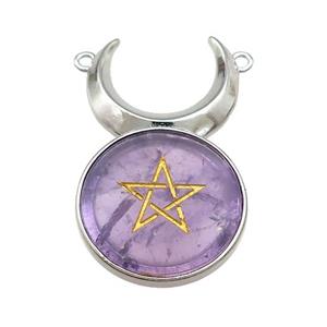 Purple Amethyst Coin Star Symbols Alloy Moon Pendant Platinum Plated, approx 25mm, 50mm [GM21783]