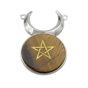 Tiger Eye Stone Coin Star Symbols Alloy Moon Pendant Platinum Plated, approx 25mm, 50mm [GM21785]