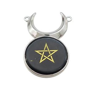 Black Obsidian Coin Star Symbols Alloy Moon Pendant Platinum Plated, approx 25mm, 50mm [GM21787]
