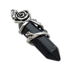 Black Obsidian Prism Pendant Point Alloy Flower Wrapped, approx 10-40mm [GM21829]