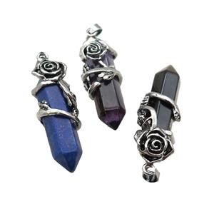 Natural Gemstone Prism Pendant Alloy Flower Wrapped Mixed Bullet, approx 10-40mm [GM21834]
