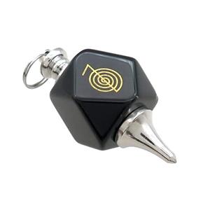 Natural Black Obsidian Dowsing Pendulum Polygon Alloy Platinum Plated, approx 20mm, 50mm [GM21838]