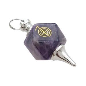 Natural Purple Amethyst Dowsing Pendulum Polygon Alloy Platinum Plated, approx 20mm, 50mm [GM21844]