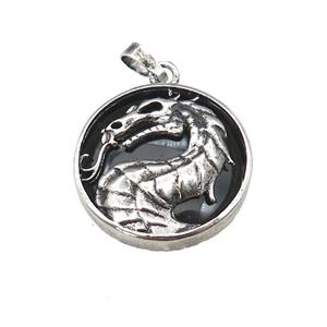 Alloy Zinc Dragon Pendant With Black Obsidian Antique Silver, approx 28mm [GM21849]