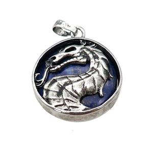 Alloy Zinc Dragon Pendant With Lapis Lazuli Antique Silver, approx 28mm [GM21854]