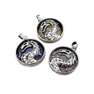 Alloy Zinc Dragon Pendant With Gemstone Antique Silver Mixed, approx 28mm [GM21856]
