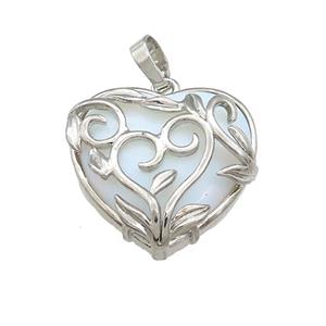 White Opalite Heart Pendant Alloy Flower Wrapped Platinum Plated, approx 27mm [GM21858]