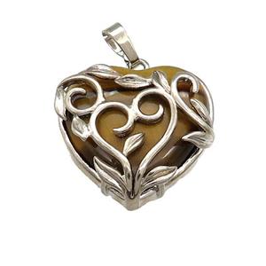Natural Tiger Eye Stone Heart Pendant Alloy Flower Wrapped Platinum Plated, approx 27mm [GM21861]