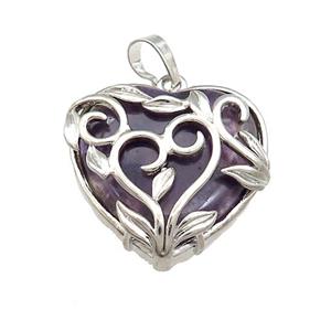 Natural Purple Amethyst Heart Pendant Alloy Flower Wrapped Platinum Plated, approx 27mm [GM21862]