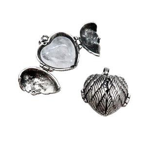 Zinc Alloy Heart Wish Box Locket With Clear Quartz Antique Silver, approx 26mm [GM21864]
