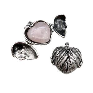 Zinc Alloy Heart Wish Box Locket With Rose Quartz Antique Silver, approx 26mm [GM21865]