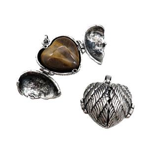 Zinc Alloy Heart Wish Box Locket With Tiger Eye Stone Antique Silver, approx 26mm [GM21868]