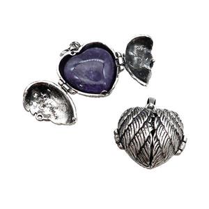 Zinc Alloy Heart Wish Box Locket With Purple Amethyst Antique Silver, approx 26mm [GM21869]