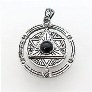 Zinc Alloy David Star Pendant Pave Black Obsidian Circle Antique Silver, approx 38mm [GM21873]