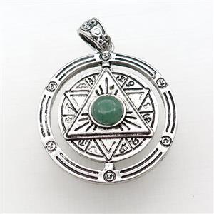 Zinc Alloy David Star Pendant Pave Green Aventurine Circle Antique Silver, approx 38mm [GM21874]