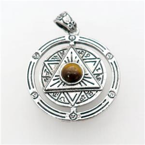 Zinc Alloy David Star Pendant Pave Tiger Eye Stone Circle Antique Silver, approx 38mm [GM21876]