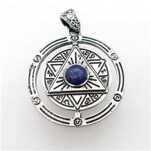 Zinc Alloy David Star Pendant Pave Lapis Lazuli Circle Antique Silver, approx 38mm [GM21877]