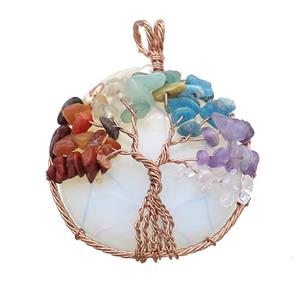 White Opalite Coin Pendant With Chakra Gemstone Tree Of Life Wire Wrapped Rose Gold, approx 45mm [GM21897]