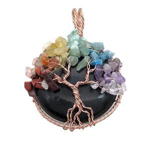 Black Obsidian Coin Pendant With Chakra Gemstone Tree Of Life Wire Wrapped Rose Gold, approx 45mm [GM21898]