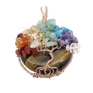 Natural Tiger Eye Stone Coin Pendant With Chakra Gemstone Tree Of Life Wire Wrapped Rose Gold, approx 45mm [GM21900]