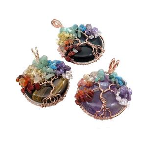 Natural Gemstone Coin Pendant With Chakra Gemstone Tree Of Life Wire Wrapped Rose Gold Mixed, approx 45mm [GM21902]