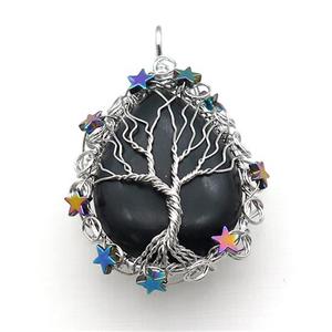 Natural Black Obsidian Teardrop Pendant With Tree Of Life Wire Wrapped Platinum Plated, approx 40-50mm [GM21903]