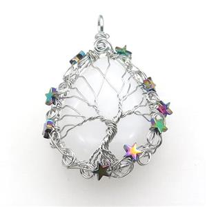 Natural Clear Quartz Teardrop Pendant With Tree Of Life Wire Wrapped Platinum Plated, approx 40-50mm [GM21904]