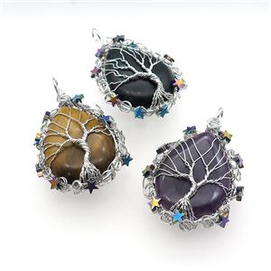 Natural Gemstone Teardrop Pendant With Tree Of Life Wire Wrapped Platinum Plated Mixed, approx 40-50mm [GM21911]