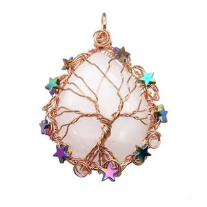 Natural Clear Quartz Teardrop Pendant With Tree Of Life Wire Wrapped Rose Gold, approx 40-50mm [GM21912]