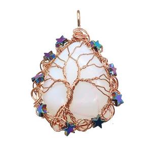 White Opalite Teardrop Pendant With Tree Of Life Wire Wrapped Rose Gold, approx 40-50mm [GM21913]