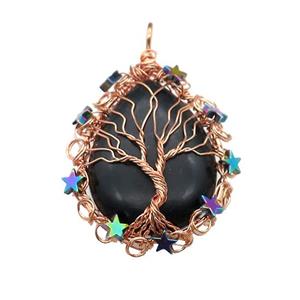 Natural Black Obsidian Teardrop Pendant With Tree Of Life Wire Wrapped Rose Gold, approx 40-50mm [GM21915]