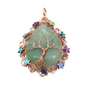Natural Green Aventurine Teardrop Pendant With Tree Of Life Wire Wrapped Rose Gold, approx 40-50mm [GM21916]