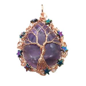 Natural Purple Amethyst Teardrop Pendant With Tree Of Life Wire Wrapped Rose Gold, approx 40-50mm [GM21919]