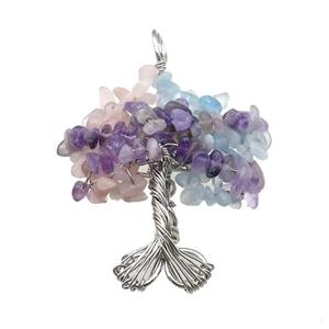 Natural Gemstone Chakra Pendant Tree Of Life Copper Wire Wrapped Platinum Plated, approx 45-55mm [GM21921]