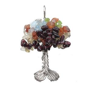 Natural Gemstone Chakra Pendant Tree Of Life Copper Wire Wrapped Platinum Plated, approx 45-55mm [GM21923]