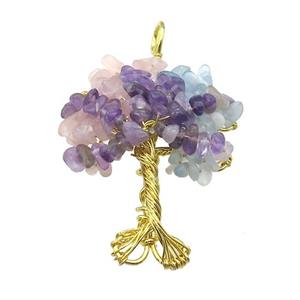 Natural Gemstone Chakra Pendant Tree Of Life Copper Wire Wrapped Gold Plated, approx 45-55mm [GM21924]