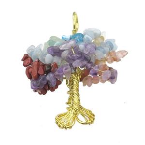 Natural Gemstone Chakra Pendant Tree Of Life Copper Wire Wrapped Gold Plated, approx 45-55mm [GM21925]