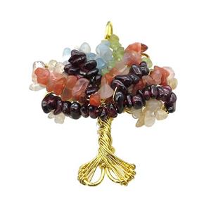 Natural Gemstone Chakra Pendant Tree Of Life Copper Wire Wrapped Gold Plated, approx 45-55mm [GM21926]