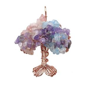 Natural Gemstone Chakra Pendant Tree Of Life Copper Wire Wrapped Rose Gold, approx 45-55mm [GM21927]