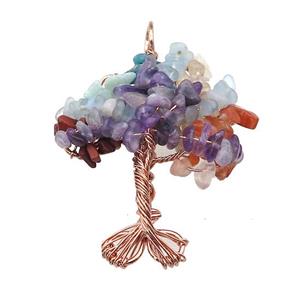 Natural Gemstone Chakra Pendant Tree Of Life Copper Wire Wrapped Rose Gold, approx 45-55mm [GM21928]