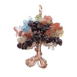 Natural Gemstone Chakra Pendant Tree Of Life Copper Wire Wrapped Rose Gold, approx 45-55mm [GM21929]